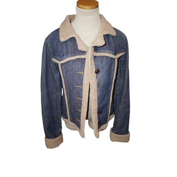 Vintage Anchor Blue Sherpa Lined Denim Jacket Women’s Size L  (Missing Buttons) - Picture 3 of 10